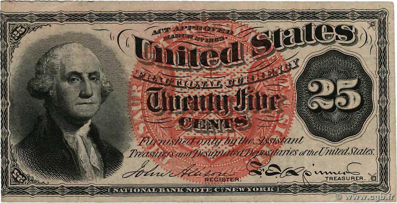 25 Cents UNITED STATES OF AMERICA  1863 P.118 VF