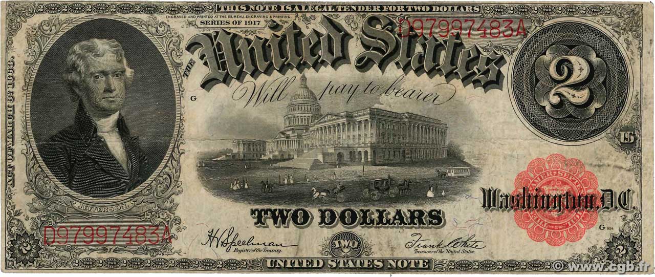 2 Dollars UNITED STATES OF AMERICA  1917 P.188 F+