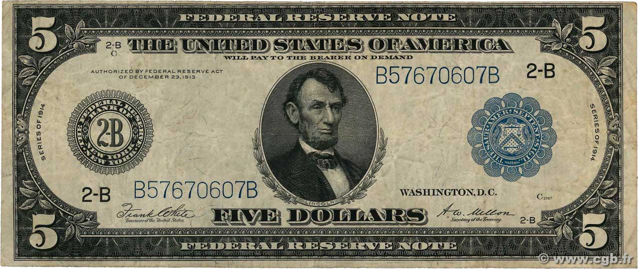 5 Dollars STATI UNITI D AMERICA New York 1914 P.359b q.BB