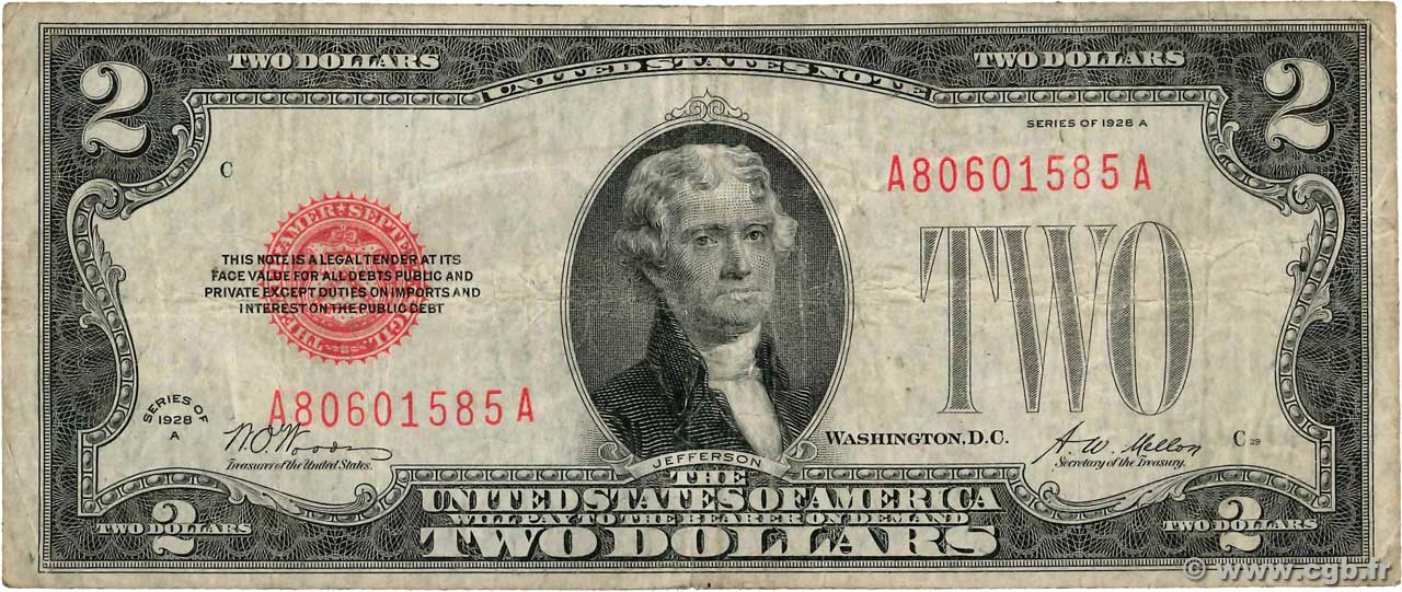 2 Dollars STATI UNITI D AMERICA  1928 P.378a q.BB