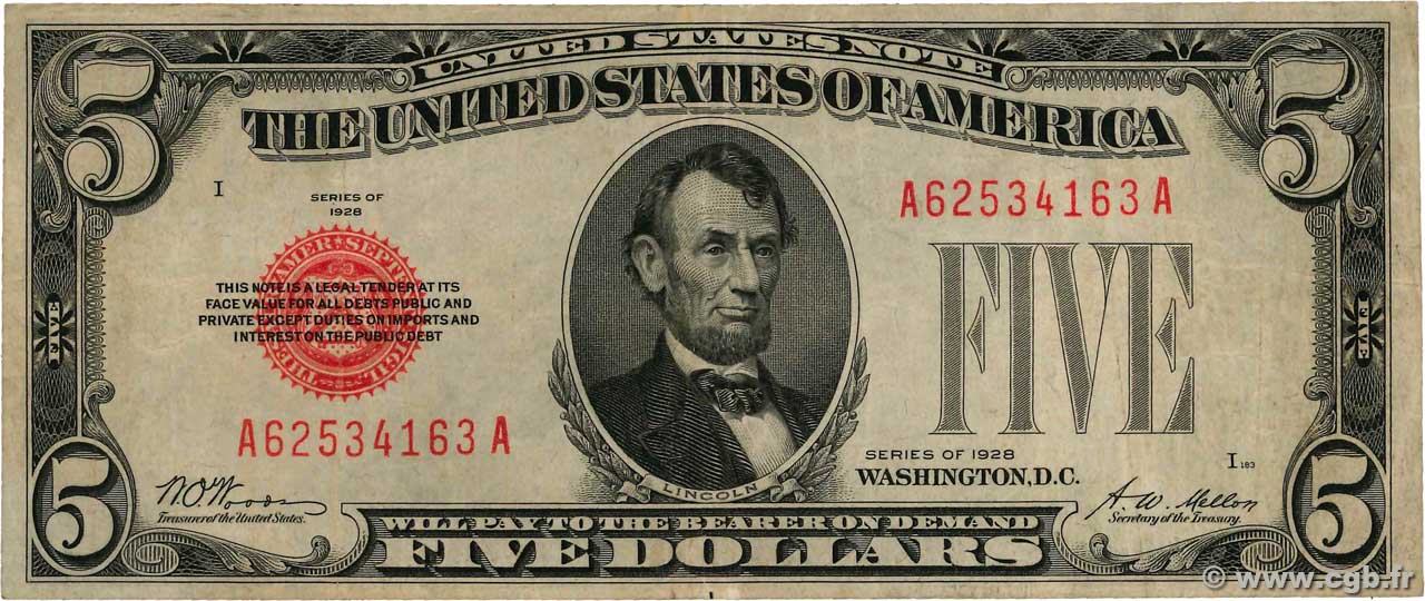 5 Dollars STATI UNITI D AMERICA  1928 P.379 MB