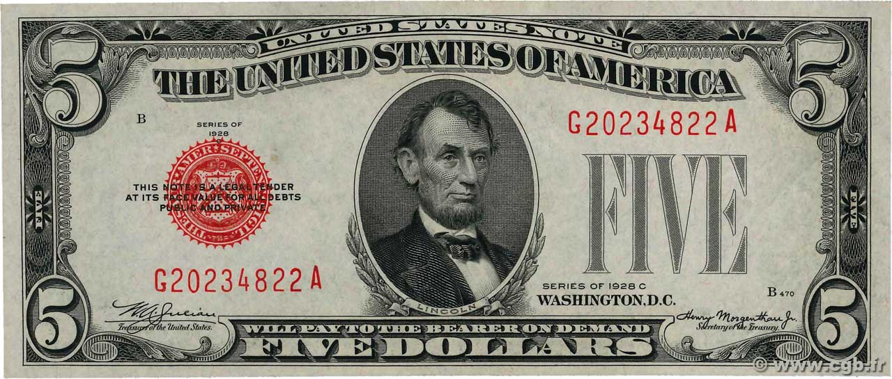 5 Dollars STATI UNITI D AMERICA  1928 P.379c AU