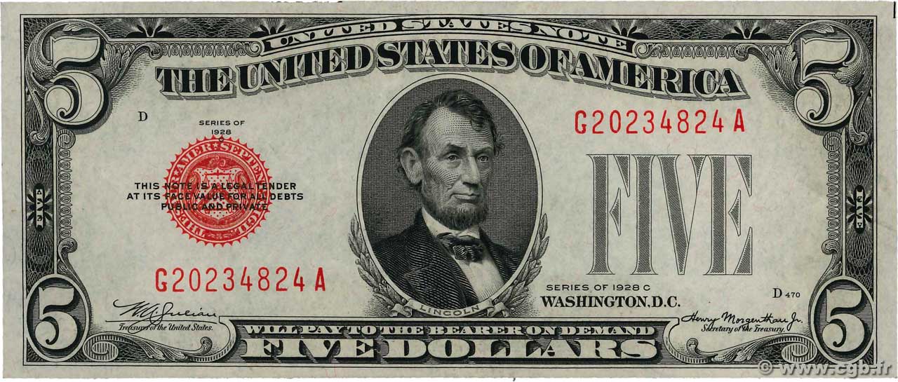 5 Dollars STATI UNITI D AMERICA  1928 P.379c AU