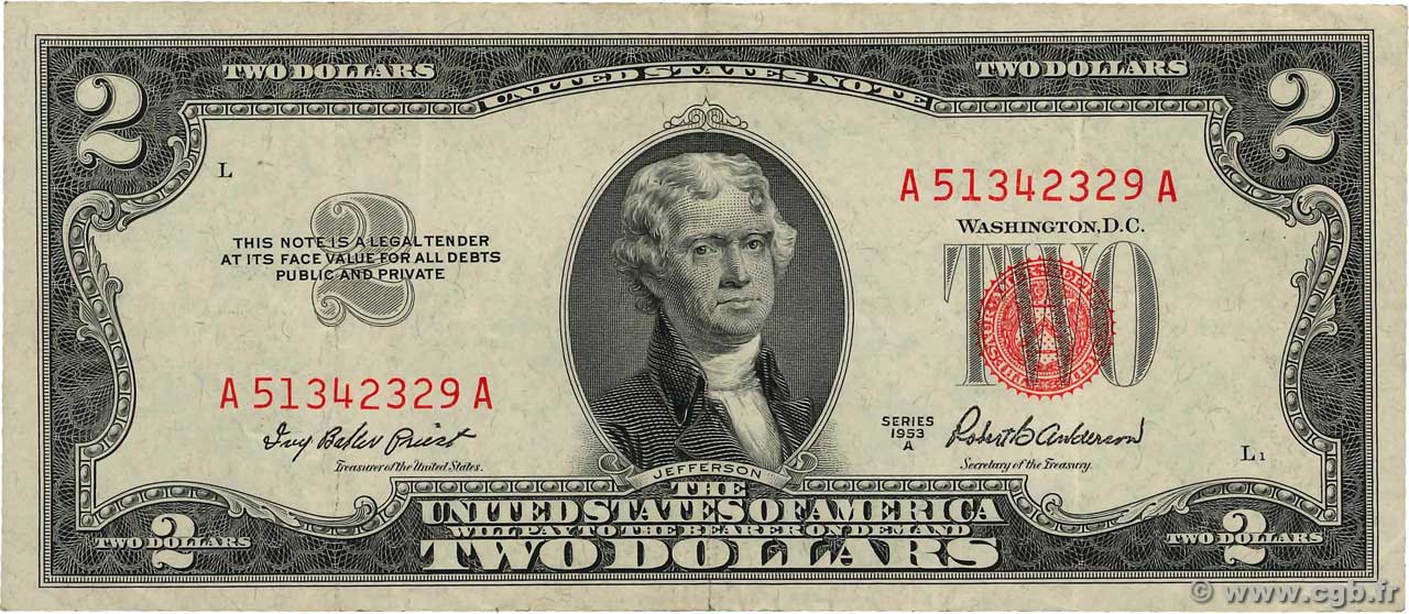2 Dollars ÉTATS-UNIS D AMÉRIQUE  1953 P.380a TTB