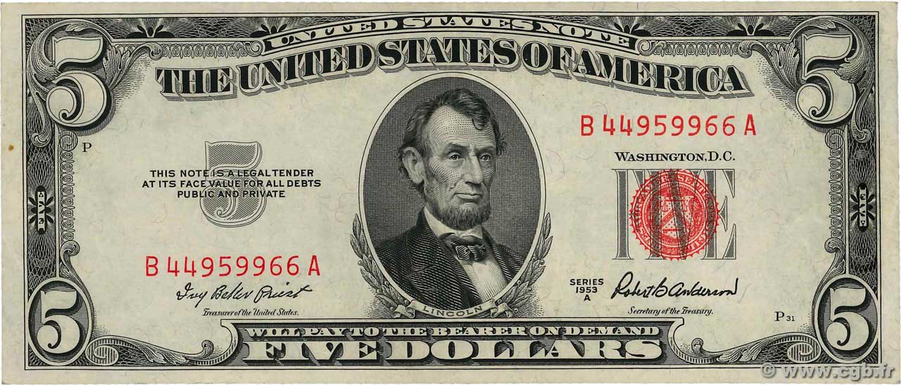 5 Dollars ÉTATS-UNIS D AMÉRIQUE  1953 P.381a TTB+