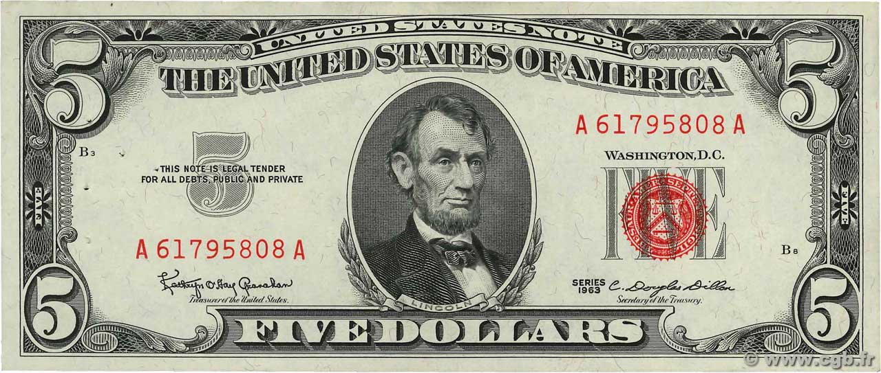 5 Dollars ÉTATS-UNIS D AMÉRIQUE  1963 P.383 TTB