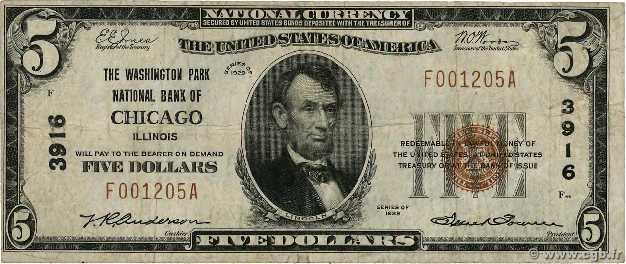 5 Dollars ÉTATS-UNIS D AMÉRIQUE Chicago 1929 Fr.1800 B+