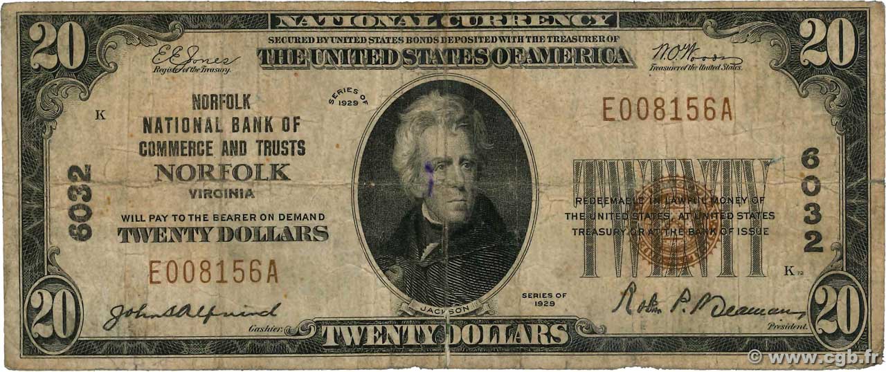 20 Dollars ÉTATS-UNIS D AMÉRIQUE Norfolk 1929 Fr.1802 B
