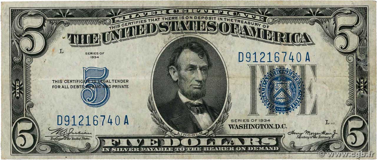 5 Dollars STATI UNITI D AMERICA  1934 P.414A BB