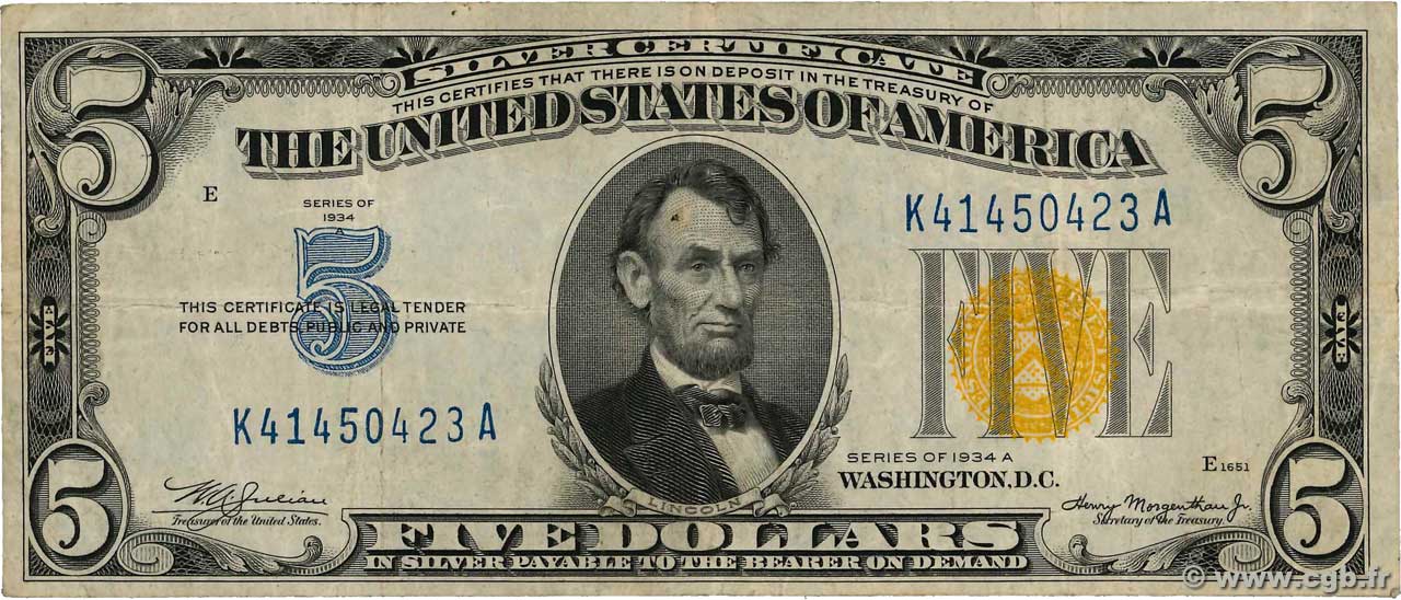 5 Dollars STATI UNITI D AMERICA  1934 P.414AY q.BB