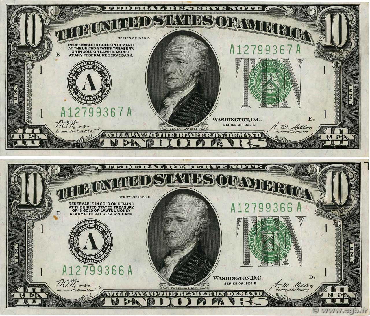 10 Dollars Fauté STATI UNITI D AMERICA Boston 1928 P.421b SPL