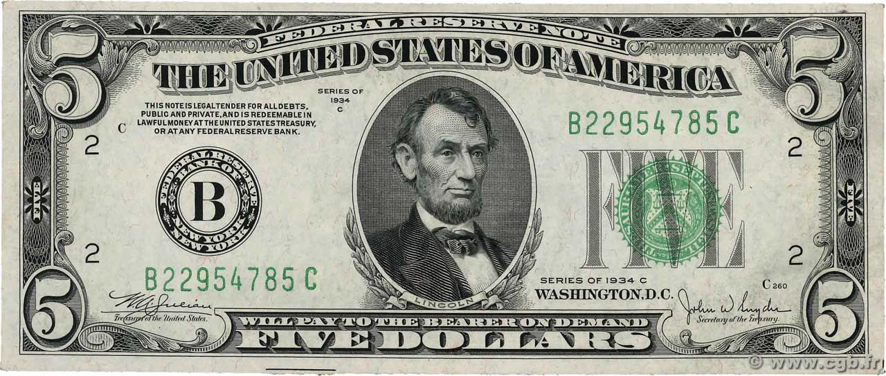 5 Dollars STATI UNITI D AMERICA New York 1934 P.429Dc SPL