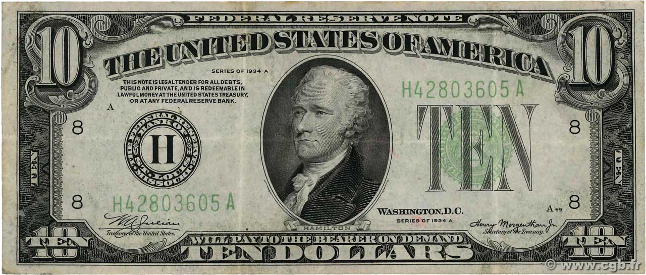 10 Dollars ÉTATS-UNIS D AMÉRIQUE St.Louis 1934 P.430Da TTB