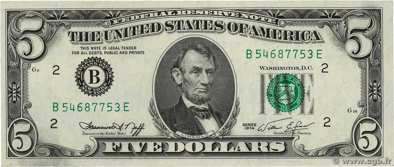 5 Dollars STATI UNITI D AMERICA New York 1974 P.456 AU