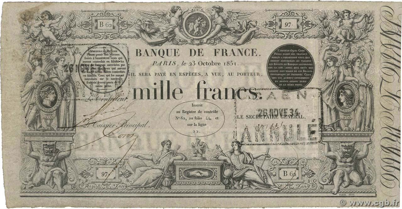 1000 Francs type 1842 définitif Annulé FRANCE  1851 F.A18.10 TTB