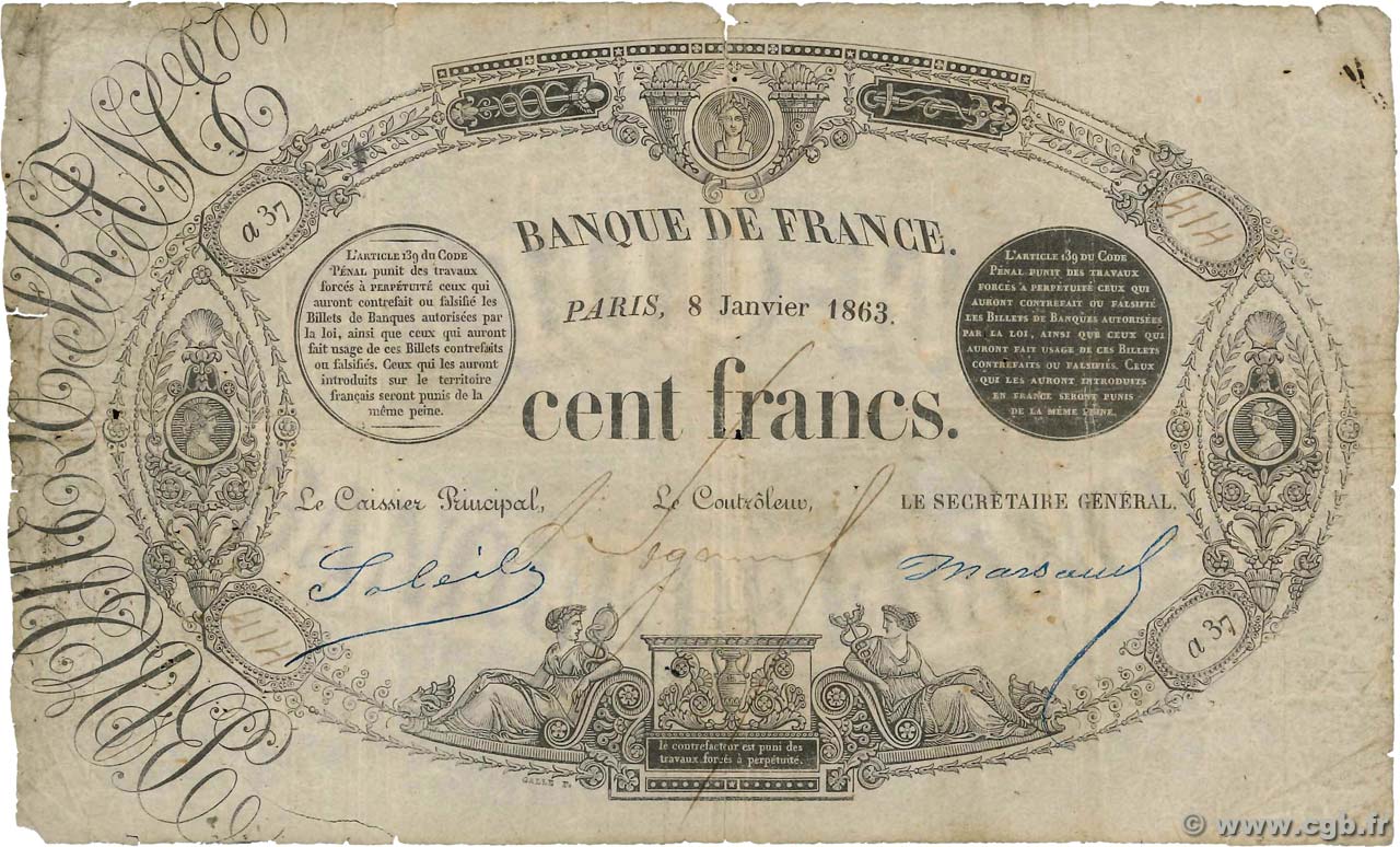 100 Francs type 1848 définitif, à l italique II FRANCIA  1863 F.A27.03 q.MB