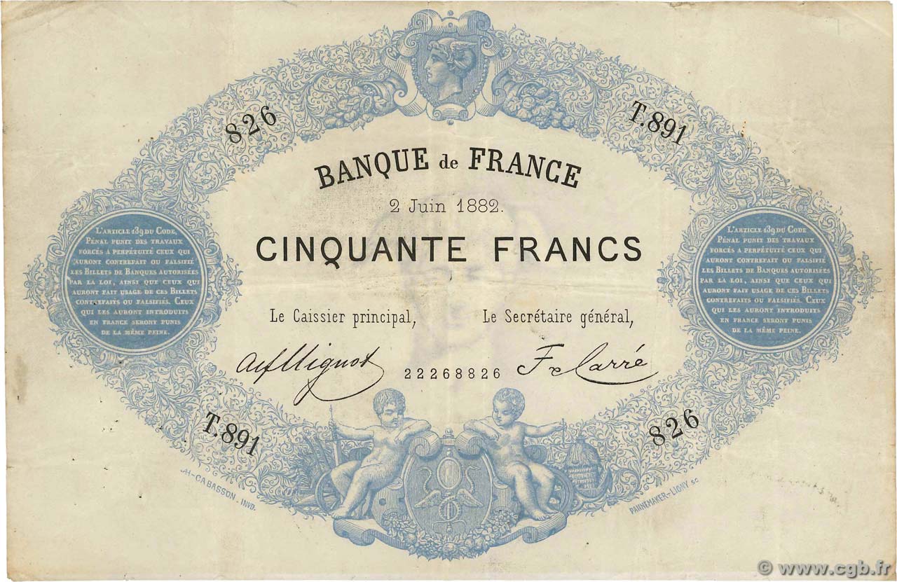 50 Francs type 1868 Indices Noirs FRANCE  1882 F.A38.12 VF-