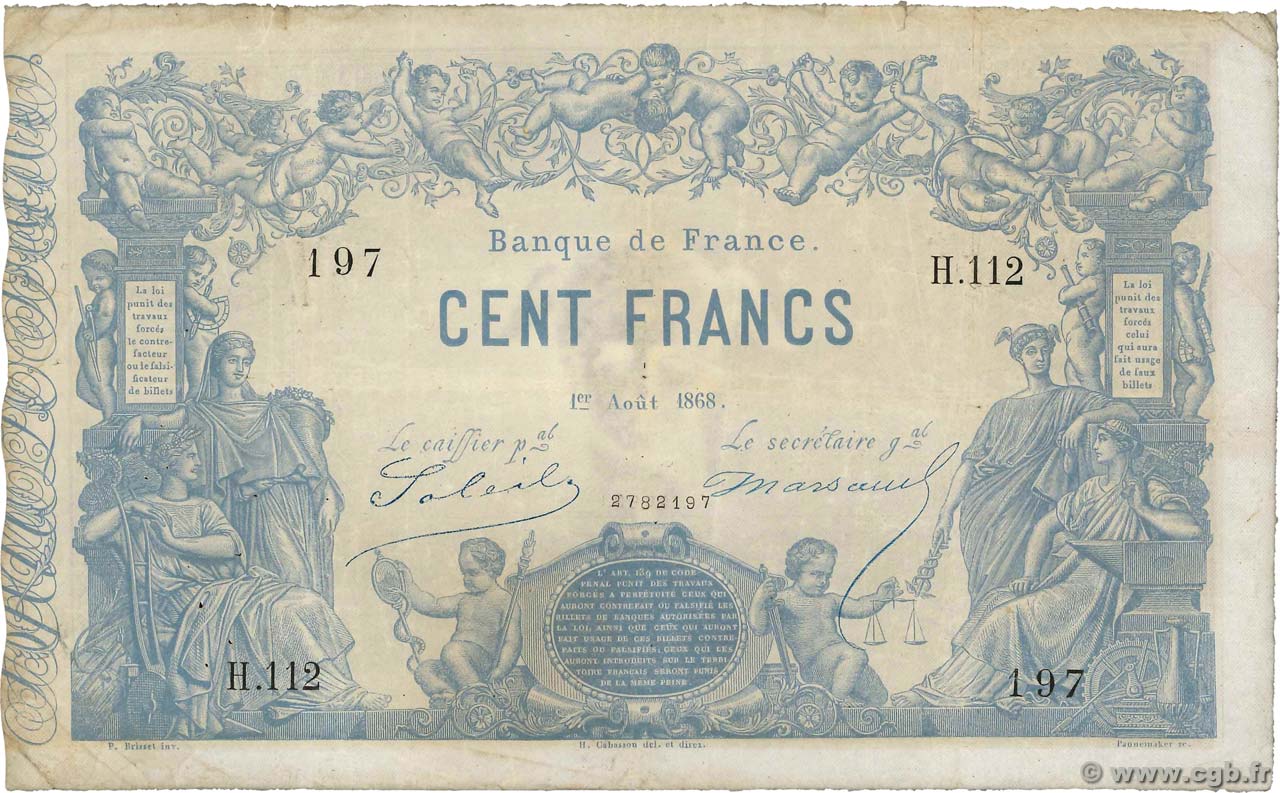 100 Francs type 1862 Indices Noirs FRANCE  1868 F.A39.03 TB