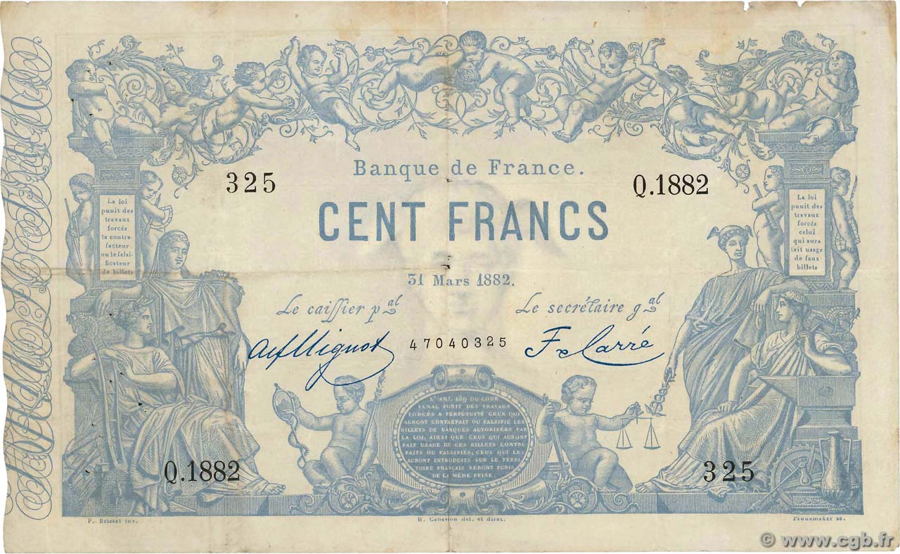 100 Francs type 1862 - Bleu à indices Noirs FRANCE  1882 F.A39.18 TB+