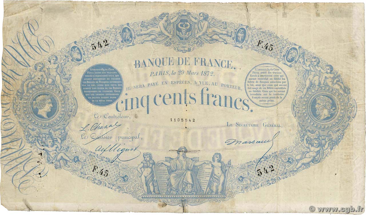 500 Francs type 1863 Indices Noirs FRANKREICH  1872 F.A40.05 fS