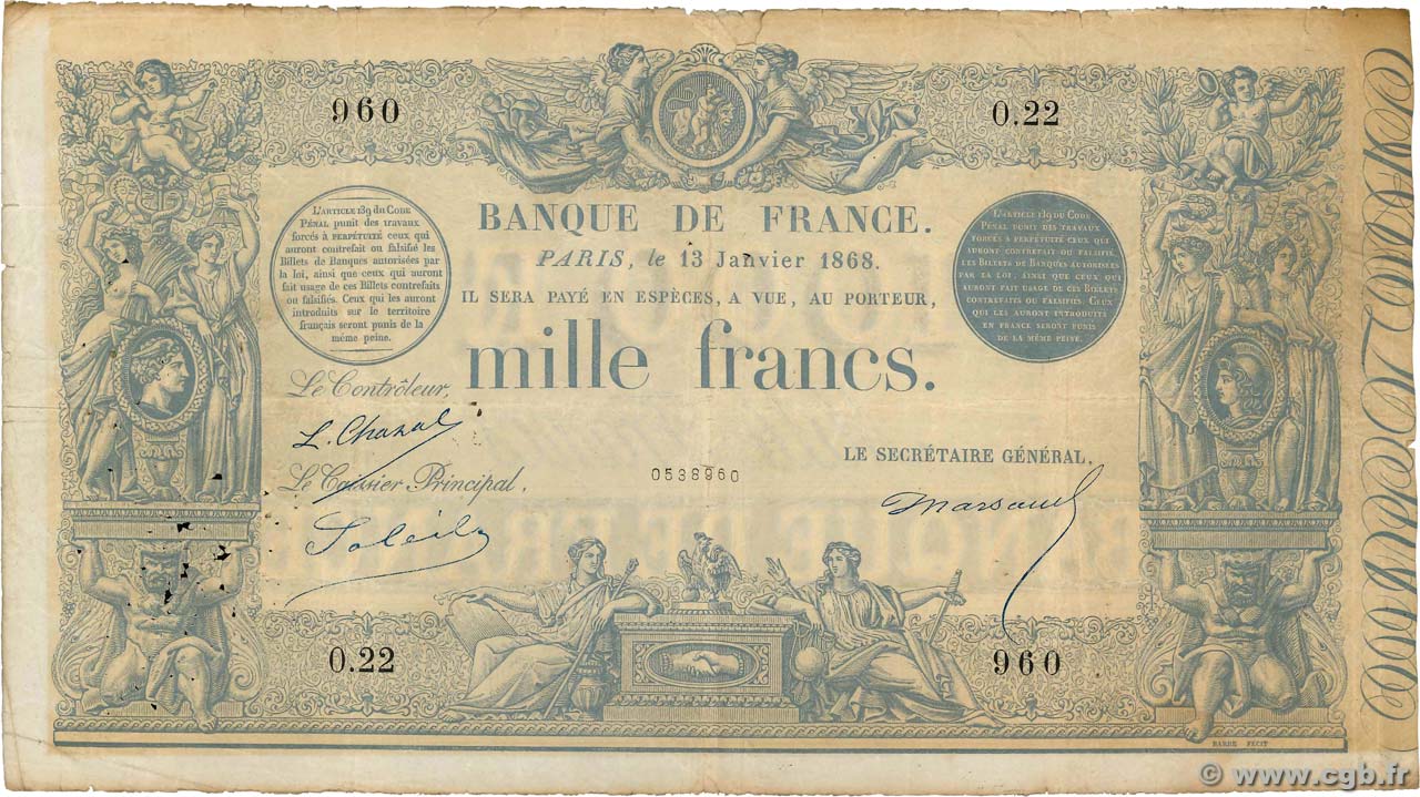 1000 Francs type 1862 Indices Noirs FRANCE  1868 F.A41.02 TB