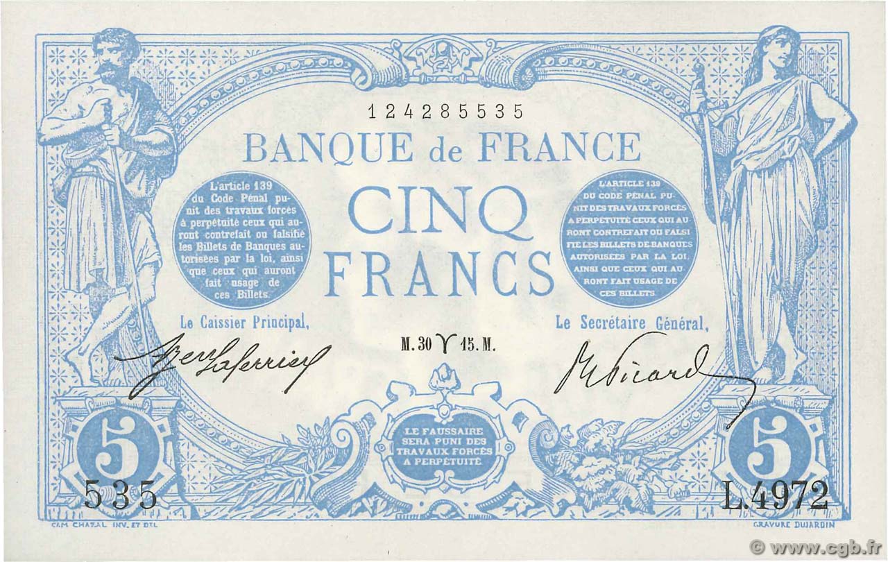 5 Francs BLEU FRANCIA  1915 F.02.25 FDC