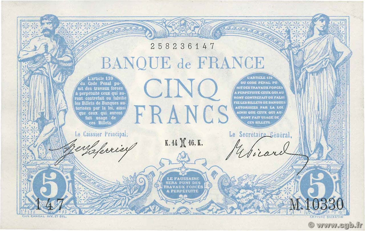 5 Francs BLEU FRANCIA  1916 F.02.36 EBC+
