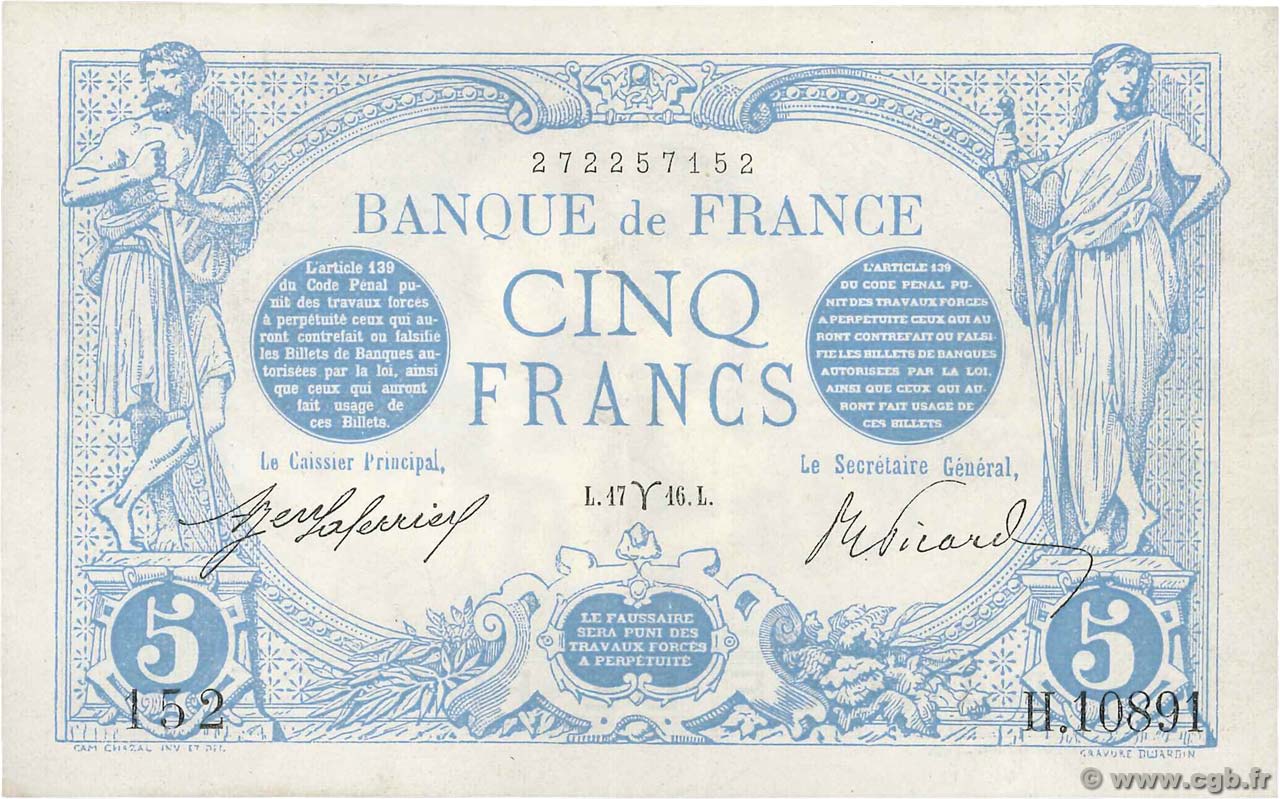 5 Francs BLEU FRANKREICH  1916 F.02.37 VZ+
