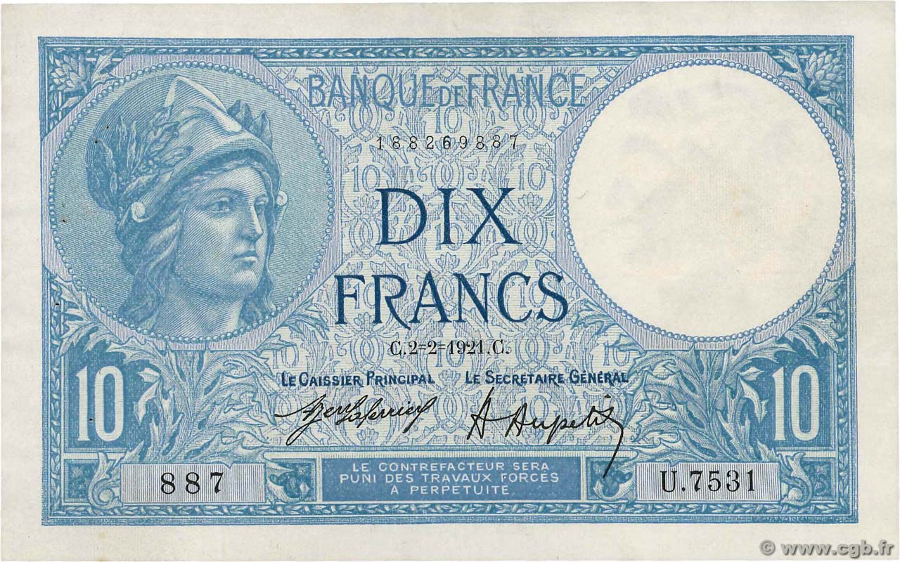 10 Francs MINERVE FRANCE  1921 F.06.05 TTB+