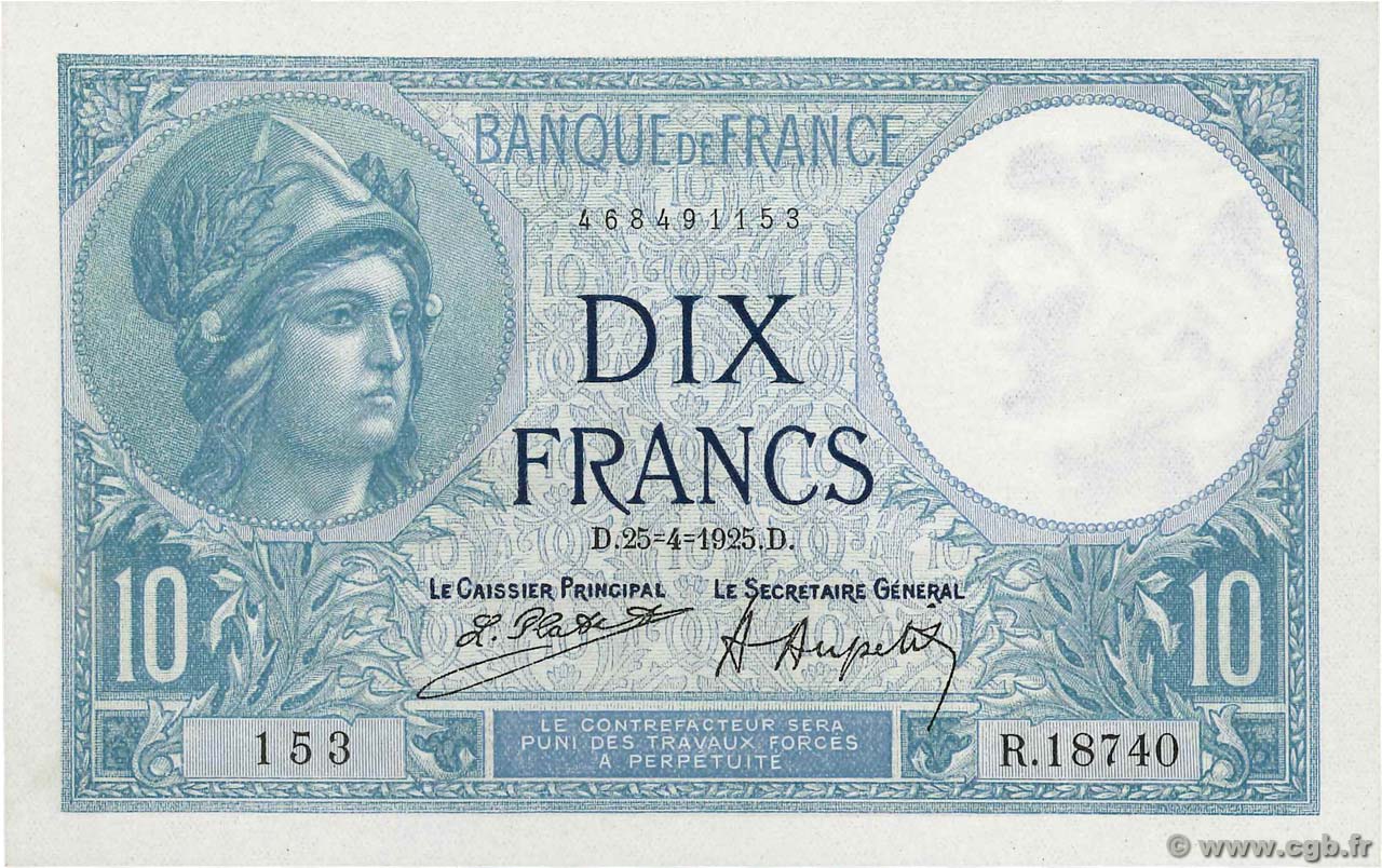 10 Francs MINERVE FRANKREICH  1925 F.06.09 fST+