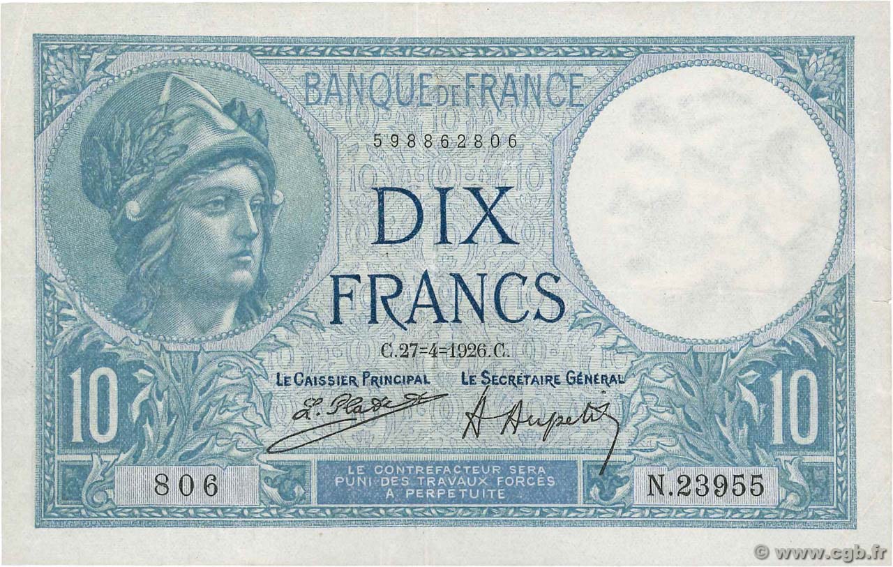 10 Francs MINERVE FRANKREICH  1926 F.06.10 VZ