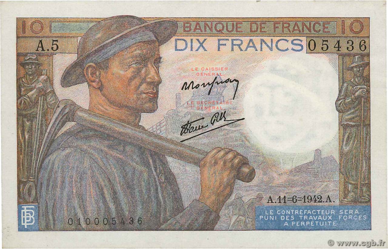 10 Francs MINEUR FRANKREICH  1942 F.08.03 VZ