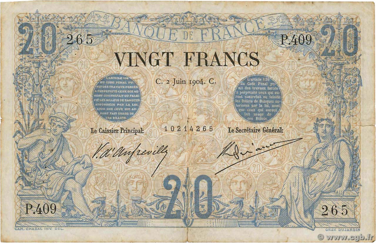 20 Francs NOIR Petit numéro FRANCE  1904 F.09.03 F