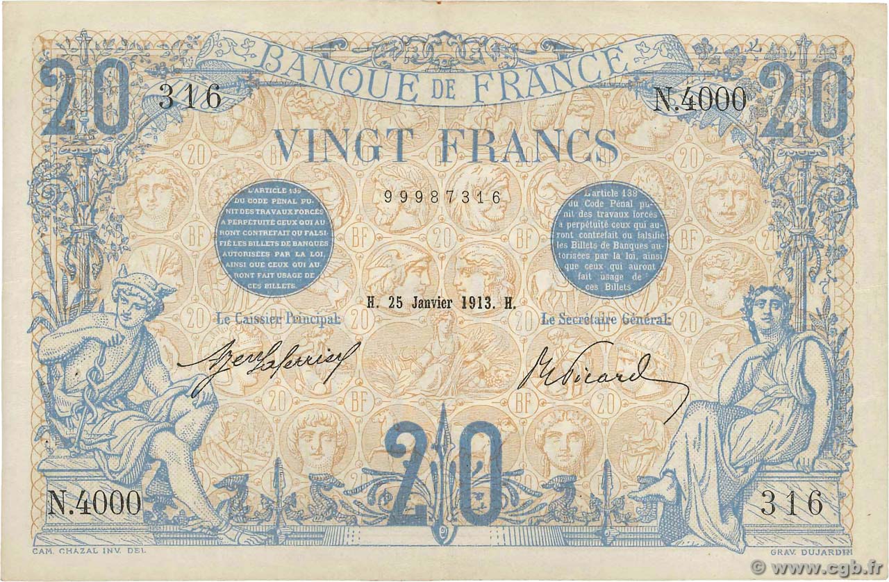 20 Francs BLEU FRANKREICH  1913 F.10.03 fVZ
