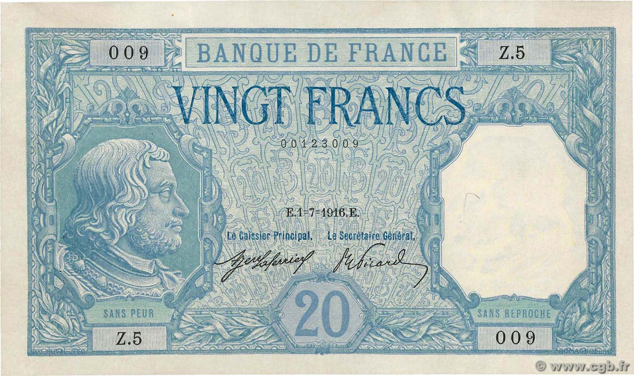 20 Francs BAYARD FRANKREICH  1916 F.11.01 VZ