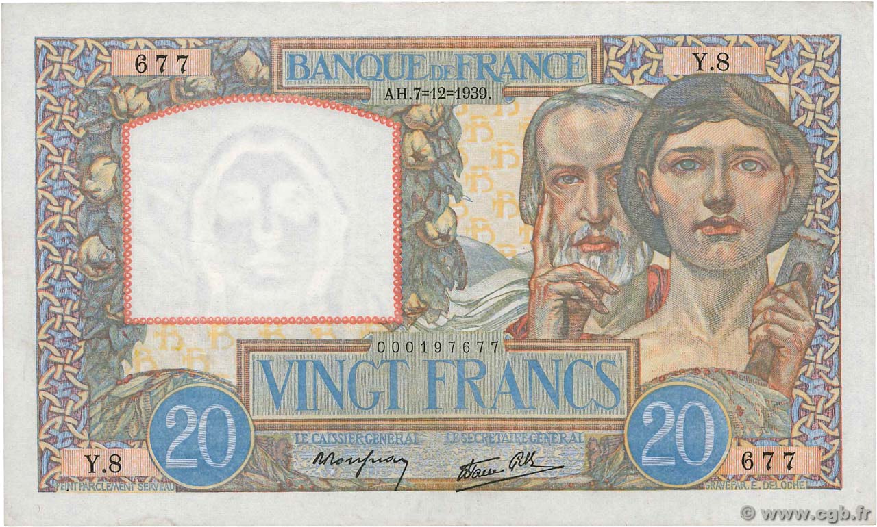 20 Francs TRAVAIL ET SCIENCE Petit numéro FRANCIA  1939 F.12.01 q.SPL