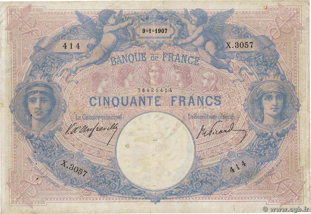 50 Francs BLEU ET ROSE FRANCIA  1907 F.14.19 MB