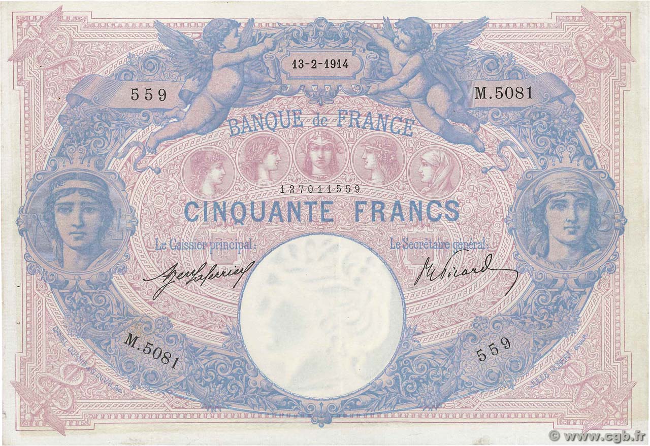 50 Francs BLEU ET ROSE FRANCE  1914 F.14.27 TTB+