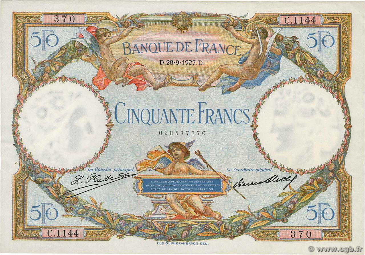 50 Francs LUC OLIVIER MERSON FRANKREICH  1927 F.15.01 VZ+