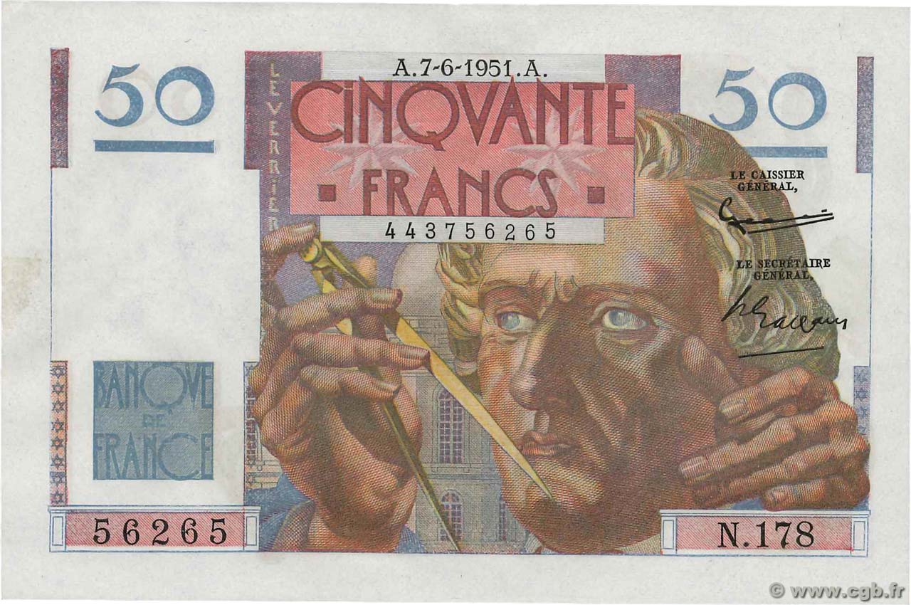 50 Francs LE VERRIER FRANCIA  1951 F.20.18 AU