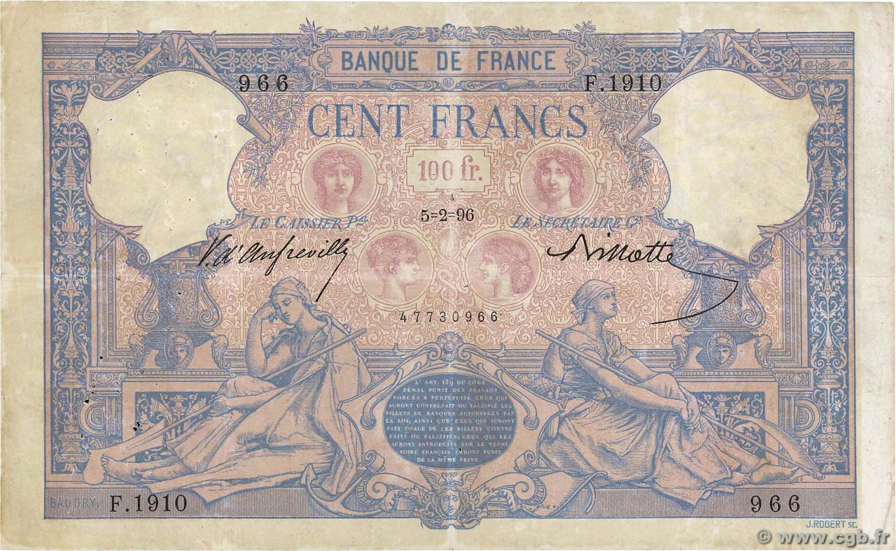 100 Francs BLEU ET ROSE FRANCIA  1896 F.21.09 RC+