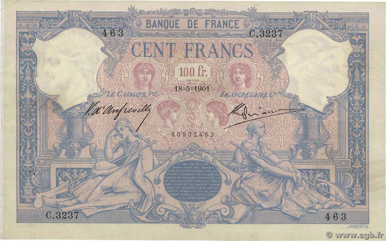100 Francs BLEU ET ROSE FRANCIA  1901 F.21.15 MBC