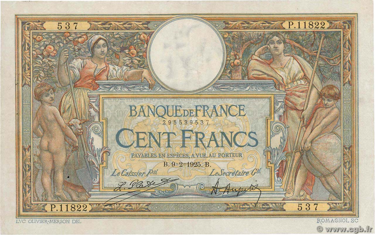 100 Francs LUC OLIVIER MERSON grands cartouches FRANCE  1925 F.24.03 VF