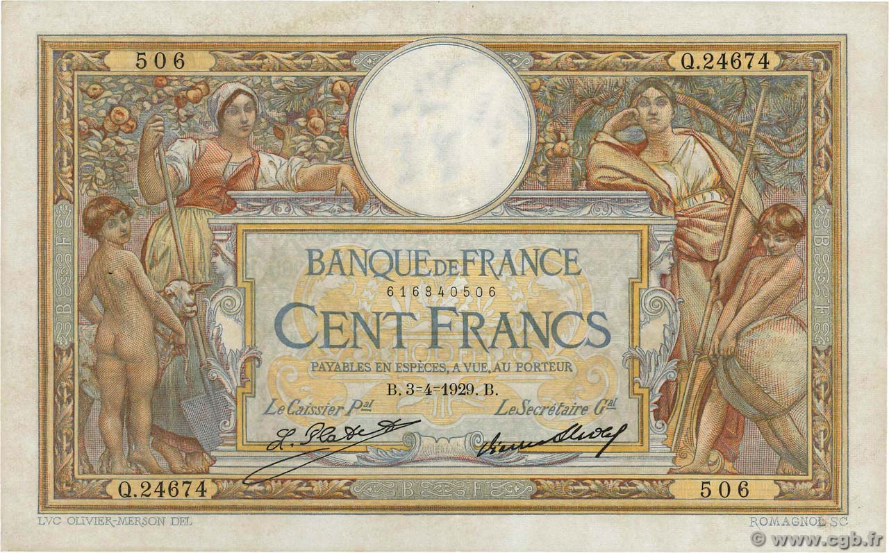 100 Francs LUC OLIVIER MERSON grands cartouches FRANCIA  1929 F.24.08 EBC