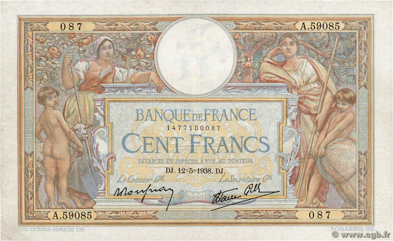 100 Francs LUC OLIVIER MERSON type modifié FRANCE  1938 F.25.18 TTB