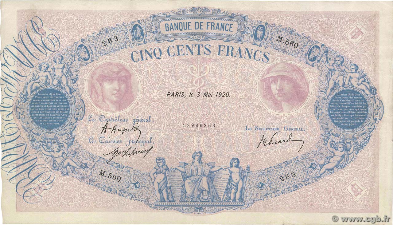 500 Francs BLEU ET ROSE FRANCE  1920 F.30.24 TTB