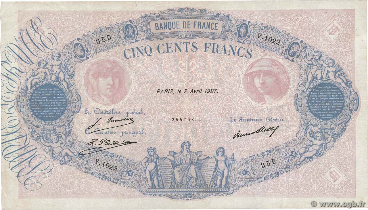 500 Francs BLEU ET ROSE FRANKREICH  1927 F.30.30 S
