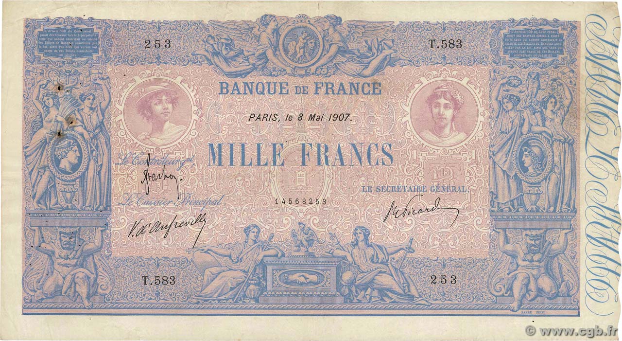 1000 Francs BLEU ET ROSE FRANCE  1907 F.36.21 F+