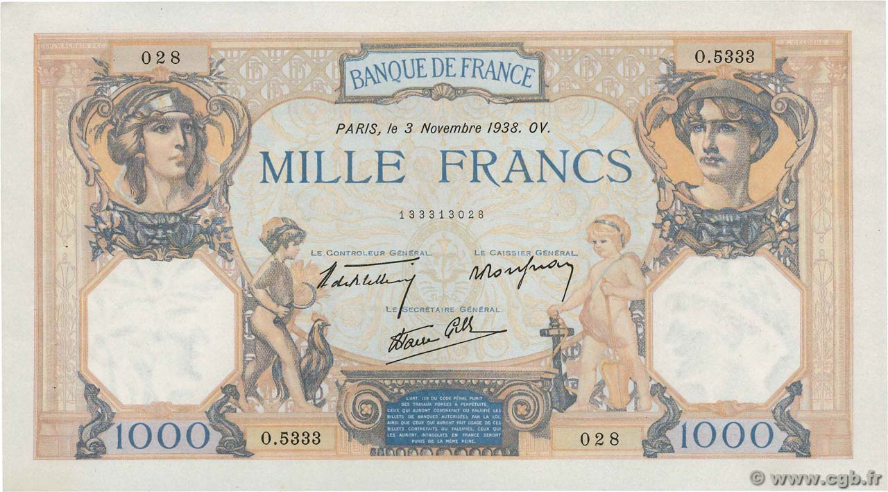 1000 Francs CÉRÈS ET MERCURE type modifié FRANCE  1938 F.38.32 SUP