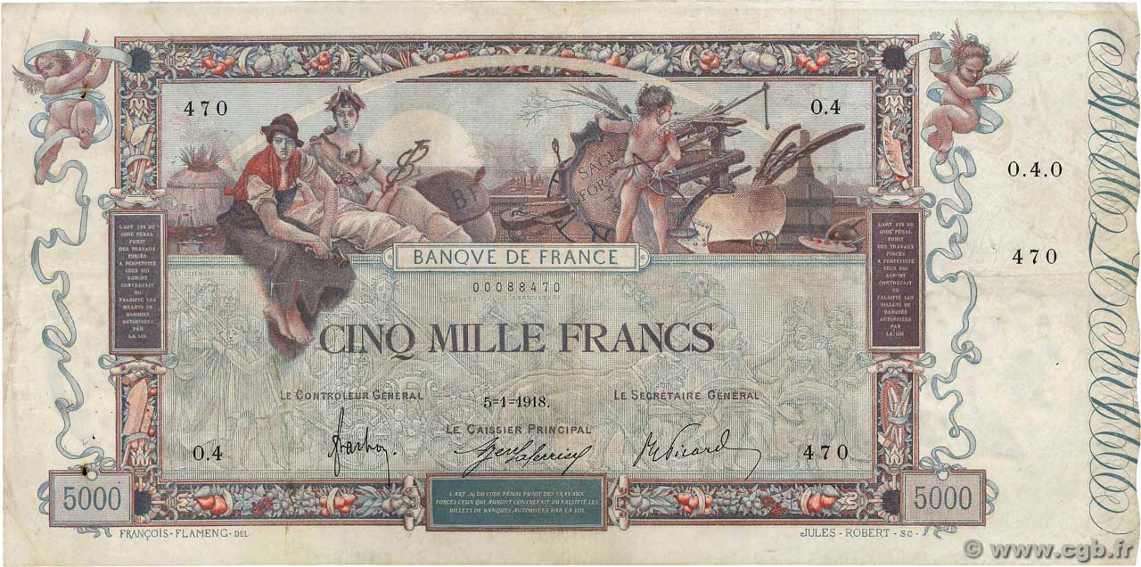 5000 Francs FLAMENG FRANCIA  1918 F.43.01 MB a BB